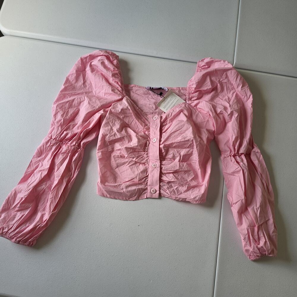 THESHIRT Rochelle Behrens Blouse Womens XS Pink Puff Sleeve Square Neck Top